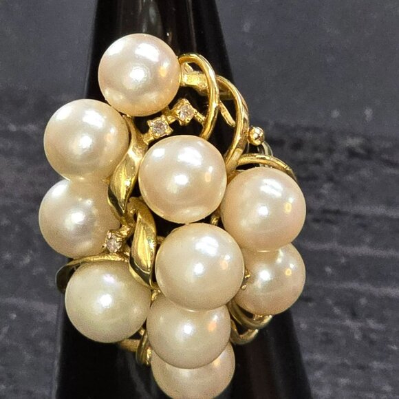 Vintage 14K Gold Cocktail Ring With Cultured Pearls & Diamonds Size 6.75 HS81 - Picture 8 of 16